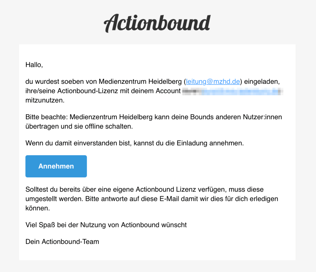 Actionbound Email: Hinweis, dass der Nutzer eine Einladung erhalten hat. 