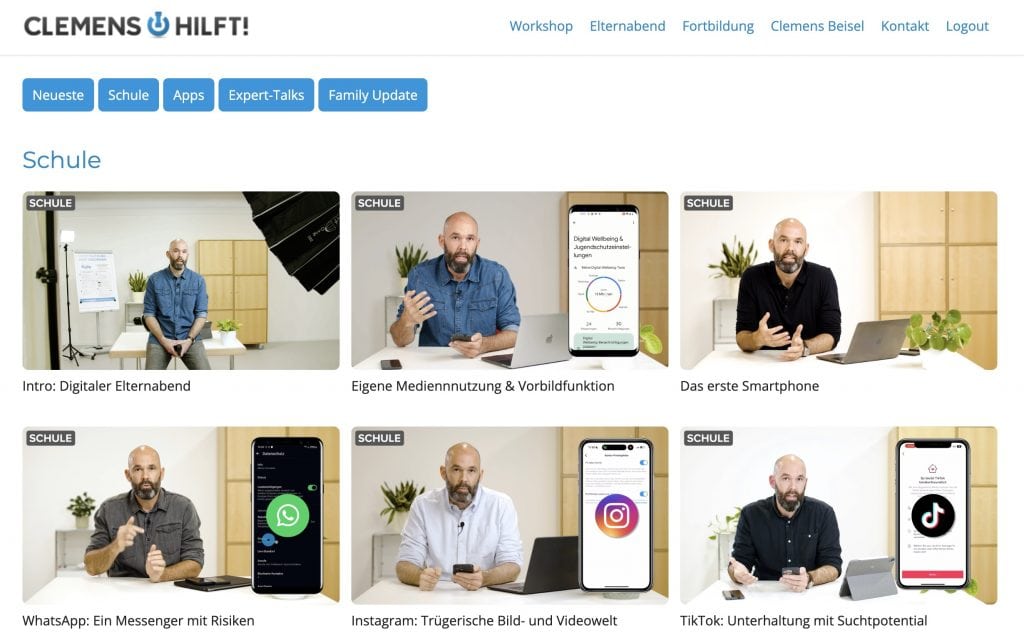 Screenshot der Seite mit den Video-Angeboten unter clemenshilft.de
